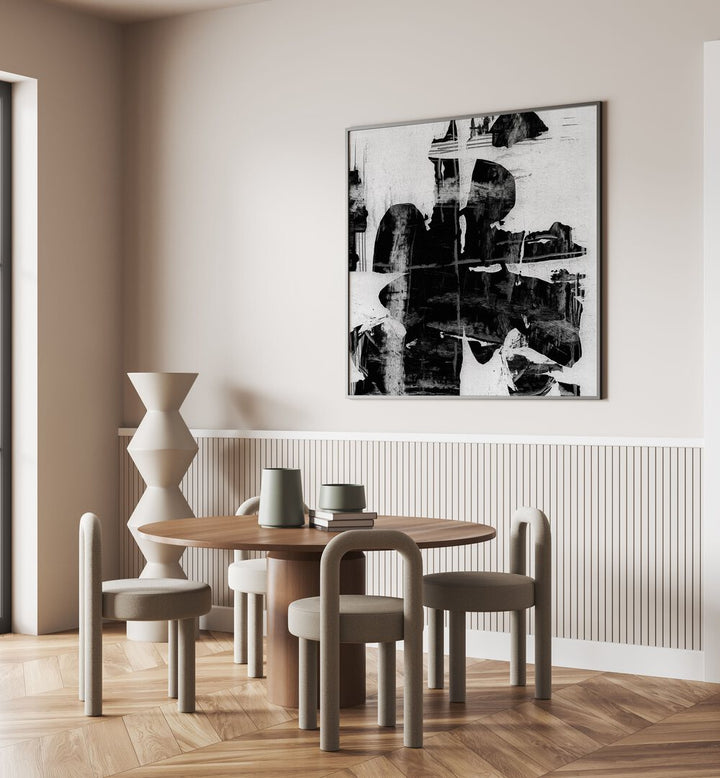 Stylish dining area featuring PLUME, ABSTRACT PAINTINGS that enhance modern decor with captivating artistic flair.