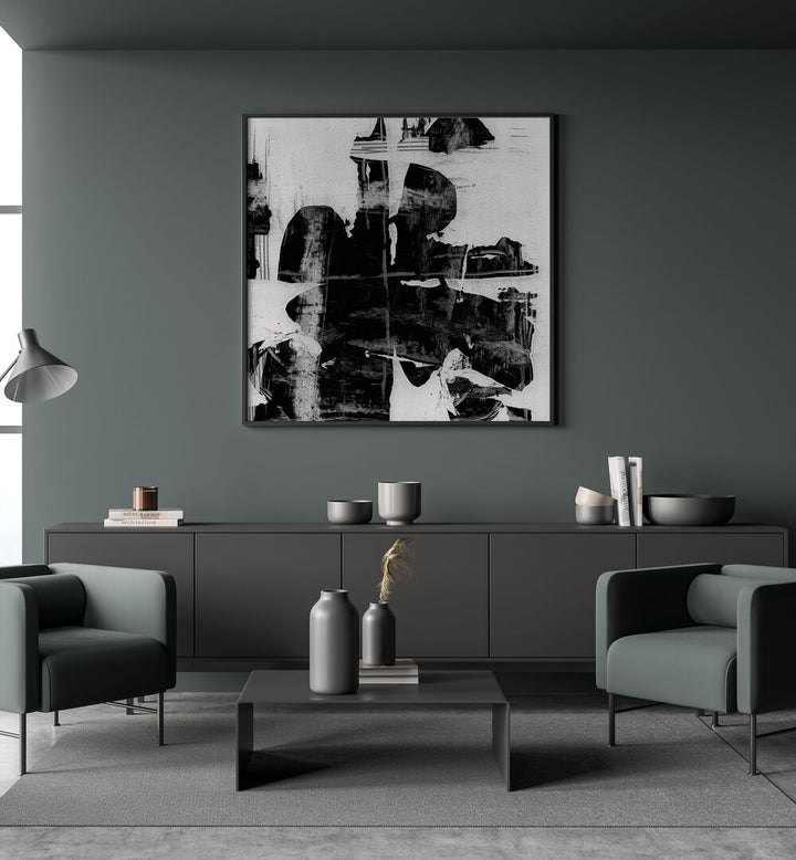Stunning PLUME Abstract Paintings enhance modern decor with captivating black and white artistic expression.