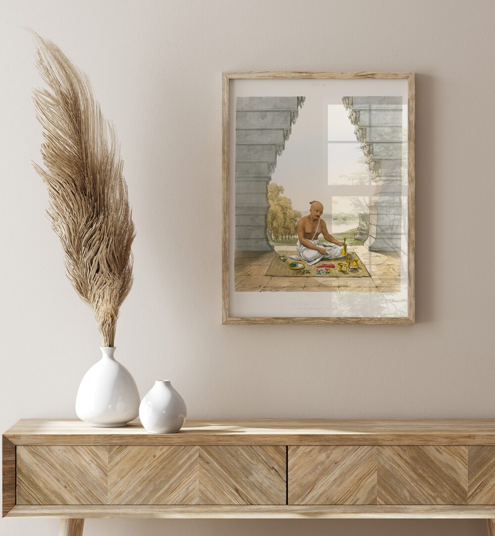 Pooja Of Vishnoo Artwork Indian Art Painting Artwork in oakwood frame with mount above a table on white wall