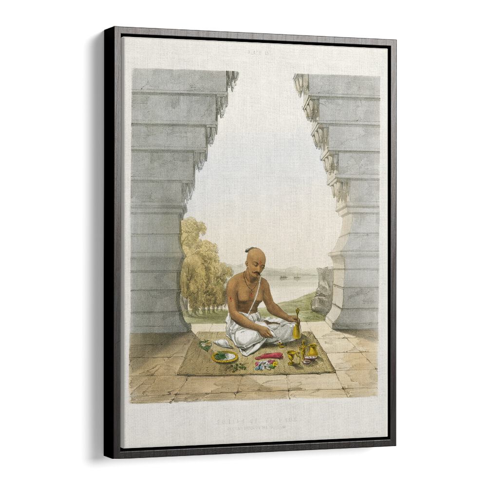 Pooja Of Vishnoo Indian art painting Artwork in Black Floater Frame