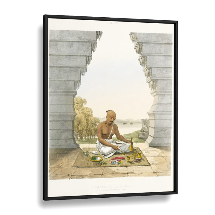 Pooja Of Vishnoo Indian art painting Artwork in Black Plain Frame