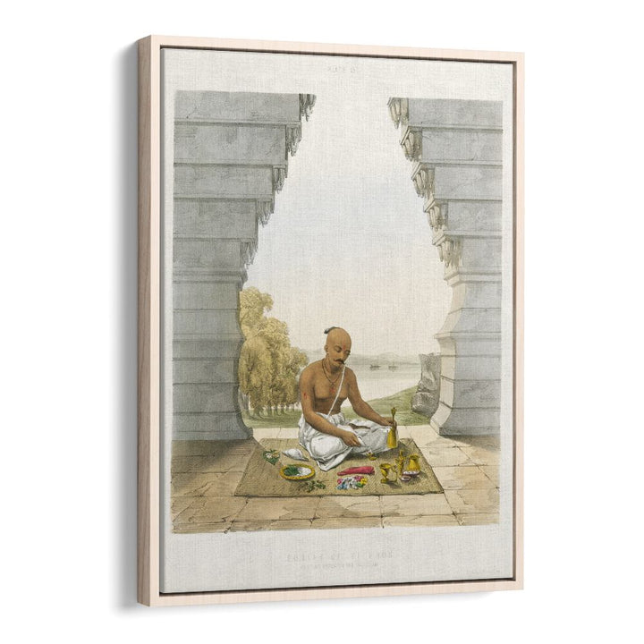 Pooja Of Vishnoo Indian art painting Artwork in Oak Wood Floater Frame