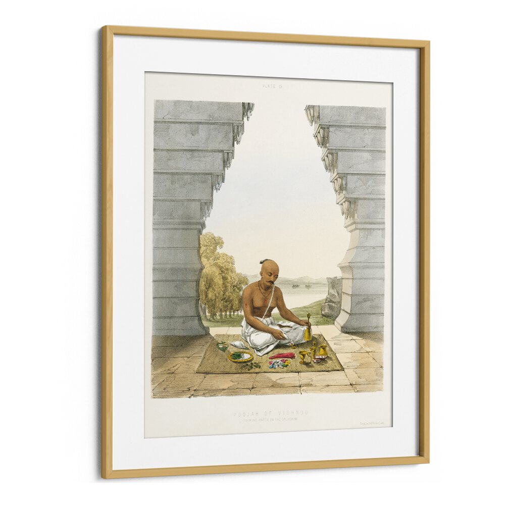 Pooja Of Vishnoo Indian art painting Artwork in Oak Wood Frame With Mount