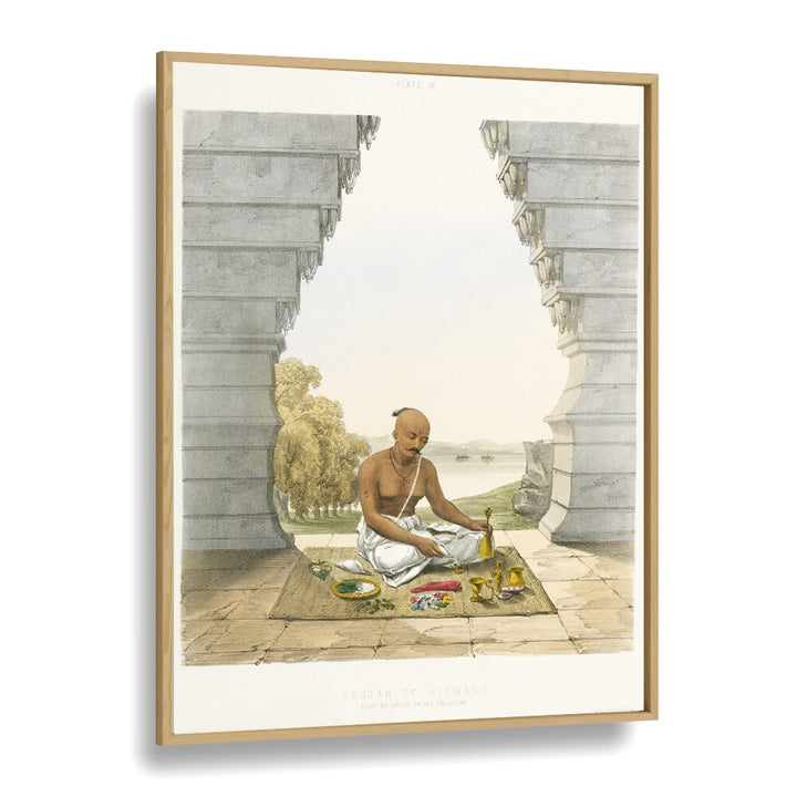 Pooja Of Vishnoo Indian art painting Artwork in Oak Wood Plain Frame