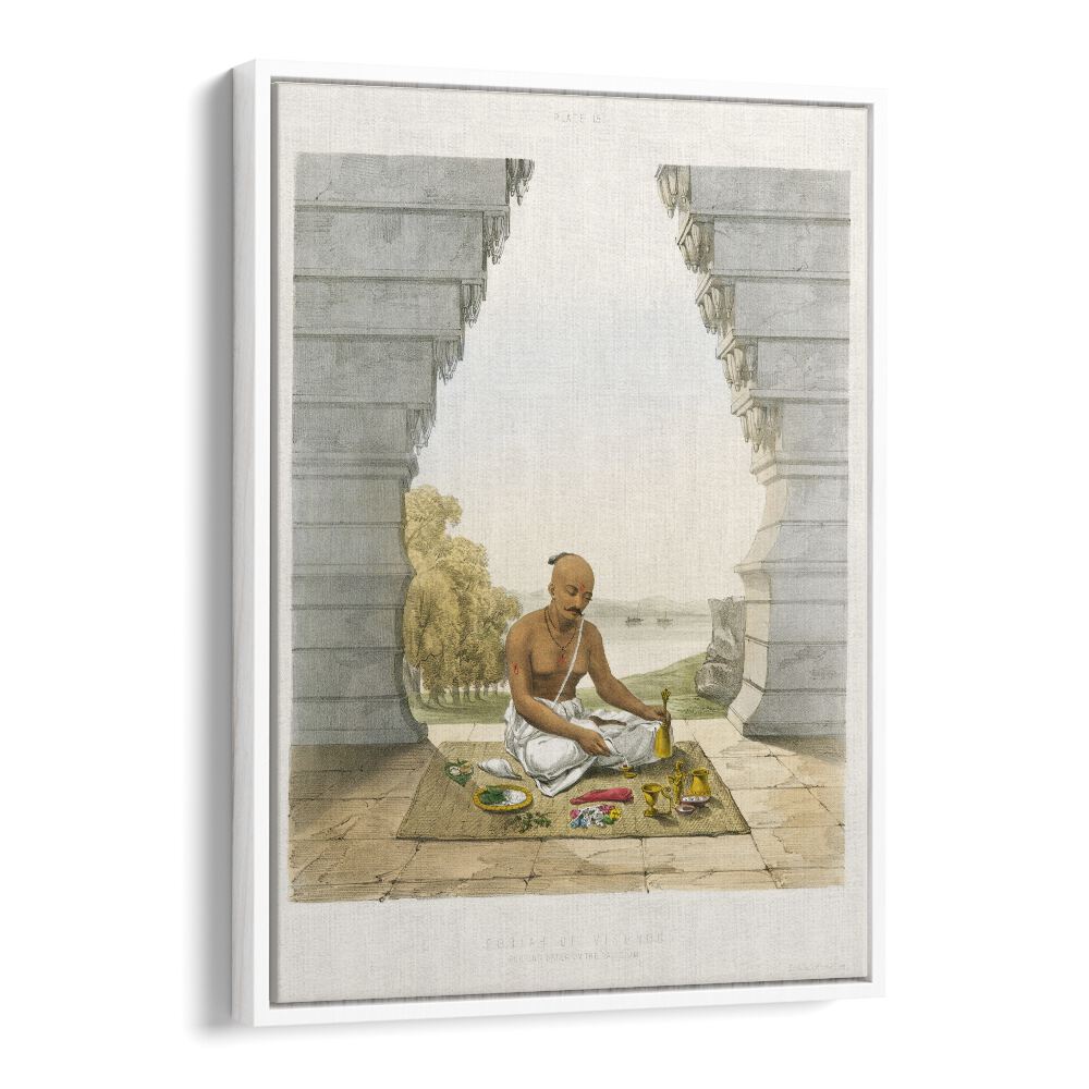 Pooja Of Vishnoo Indian art painting Artwork in White Floater Frame