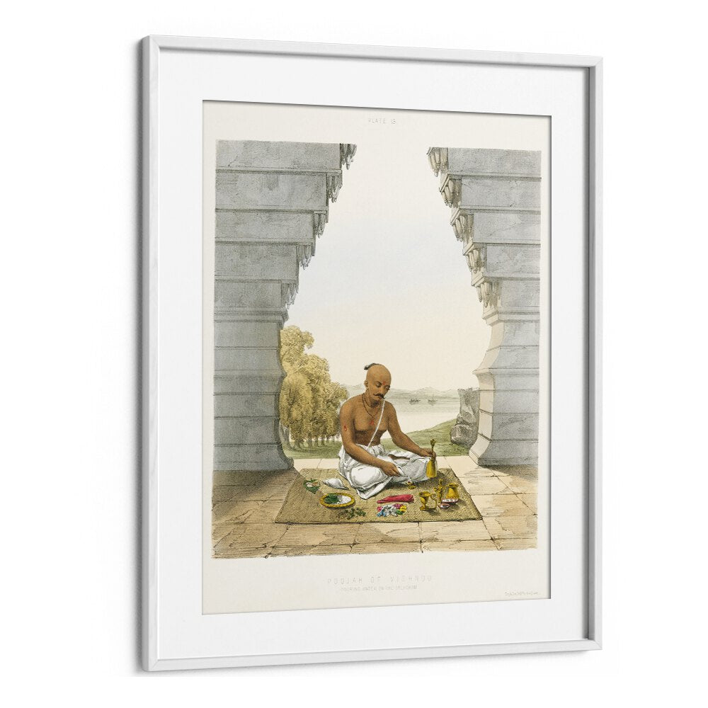 Pooja Of Vishnoo Indian art painting Artwork in White frame With Mount