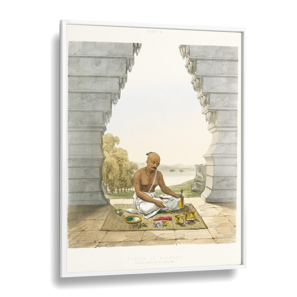 Pooja Of Vishnoo Indian art painting Artwork in White Plain Frame