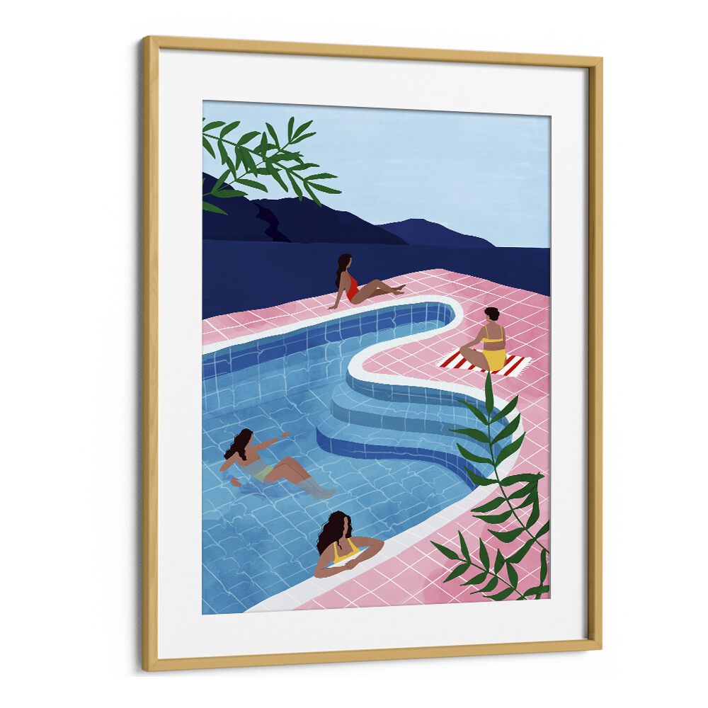 Pool Ladies, Maja Tomjanovic Art Artwork in Oak Wood Frame With Mount