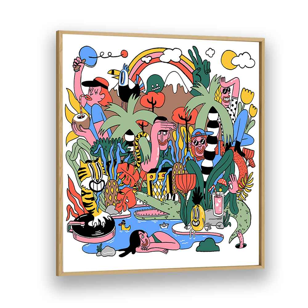 Pool Party In The Wild Comic Art Artwork in Oak Wood Plain Frame