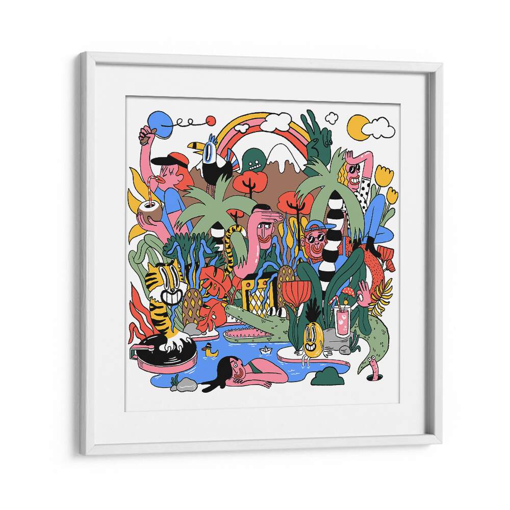 Pool Party In The Wild Comic Art Artwork in White Frame With Mount