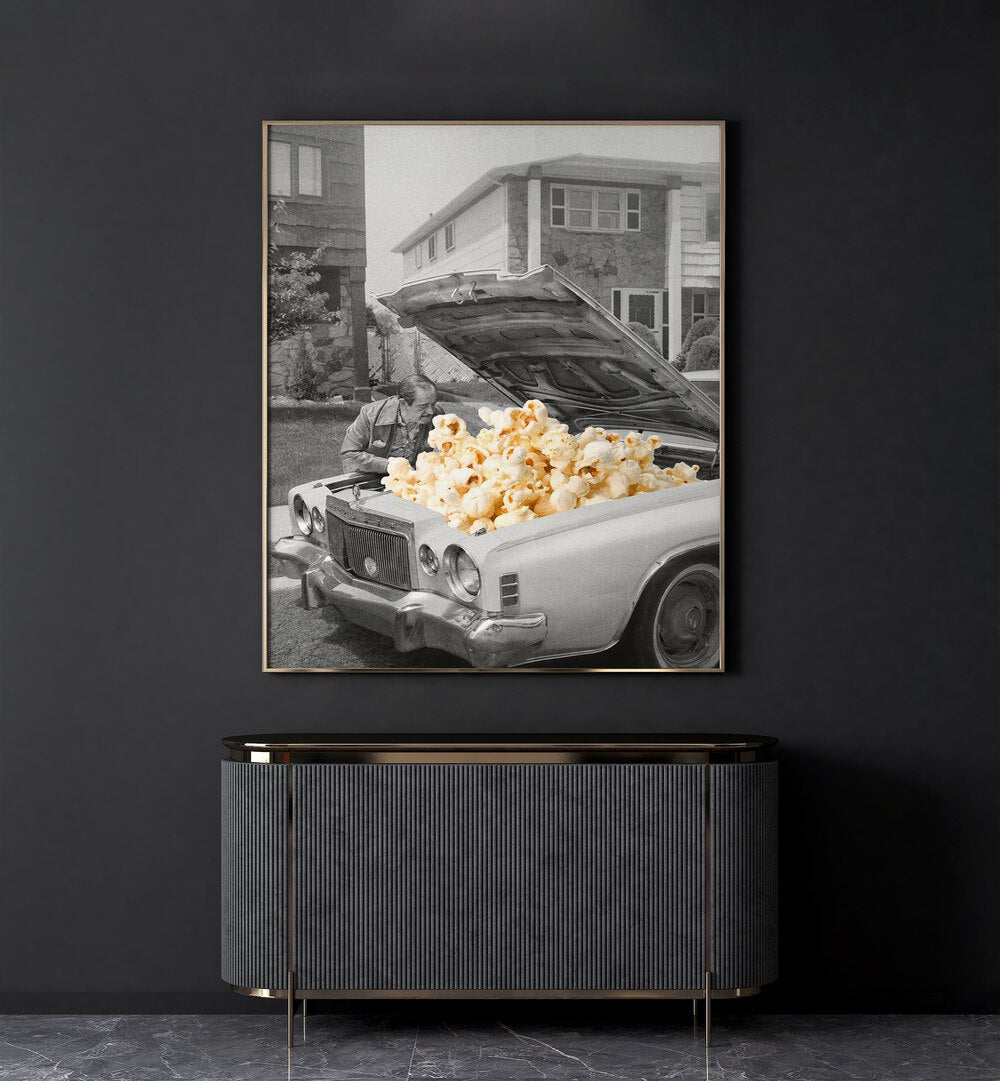 Pop The Hood Popcorn Car Surreal Art Painting Artwork in gold plain frame above a table on a black wall