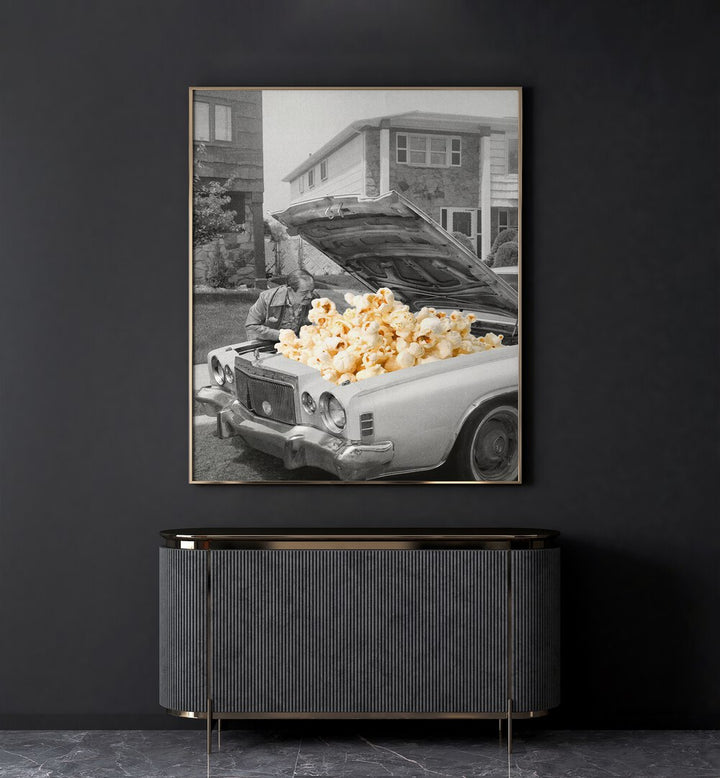 Pop The Hood Popcorn Car Surreal Art Painting Artwork in gold plain frame above a table on a black wall