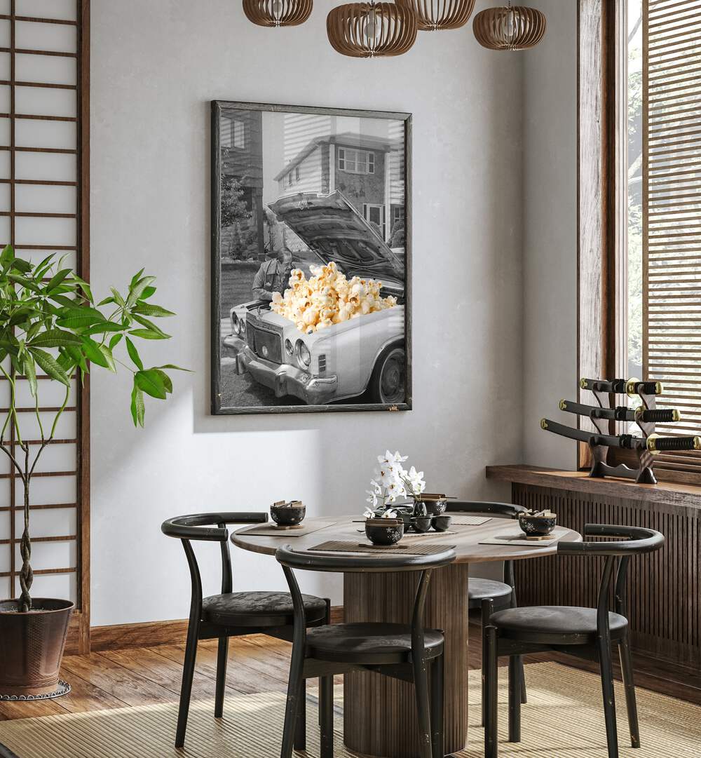 Pop The Hood Popcorn Car Surreal Art Painting Artwork in plain black wall beside a window for dining area