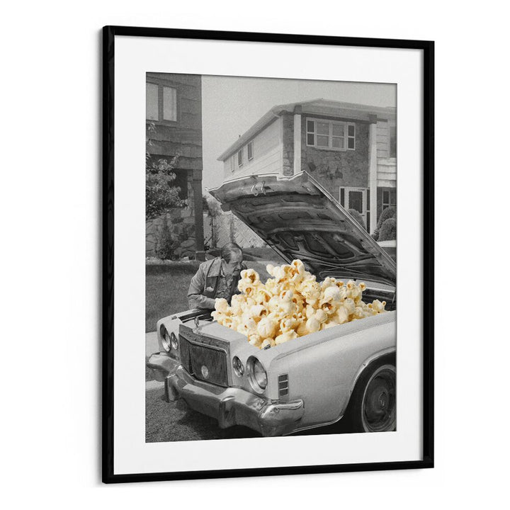 Pop The Hood-Popcorn Car Surreal Painting  Artwork in Black Frame With Mount