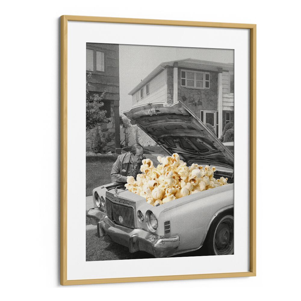 Pop The Hood-Popcorn Car Surreal Painting  Artwork in Oak Wood Frame With Mount