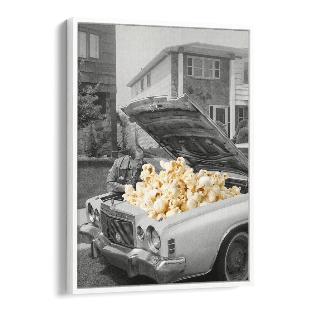 Pop The Hood-Popcorn Car Surreal Painting  Artwork  in White Floater Frame