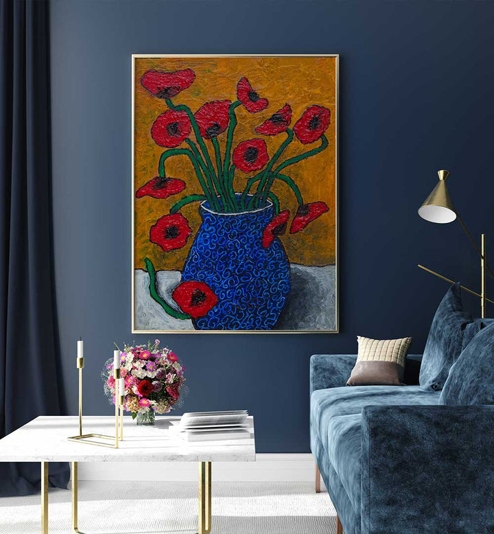 Vibrant POPPIES, FLORAL FLOWER PAINTINGS in a blue vase, adding elegance to any space with stunning artistry.