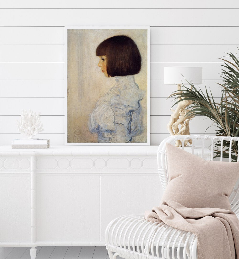 Portrait Of Helene Klimt By Gustav Klimt (1898) Vintage Art Painting Artwork in plain white frame above a white console table behind a chair