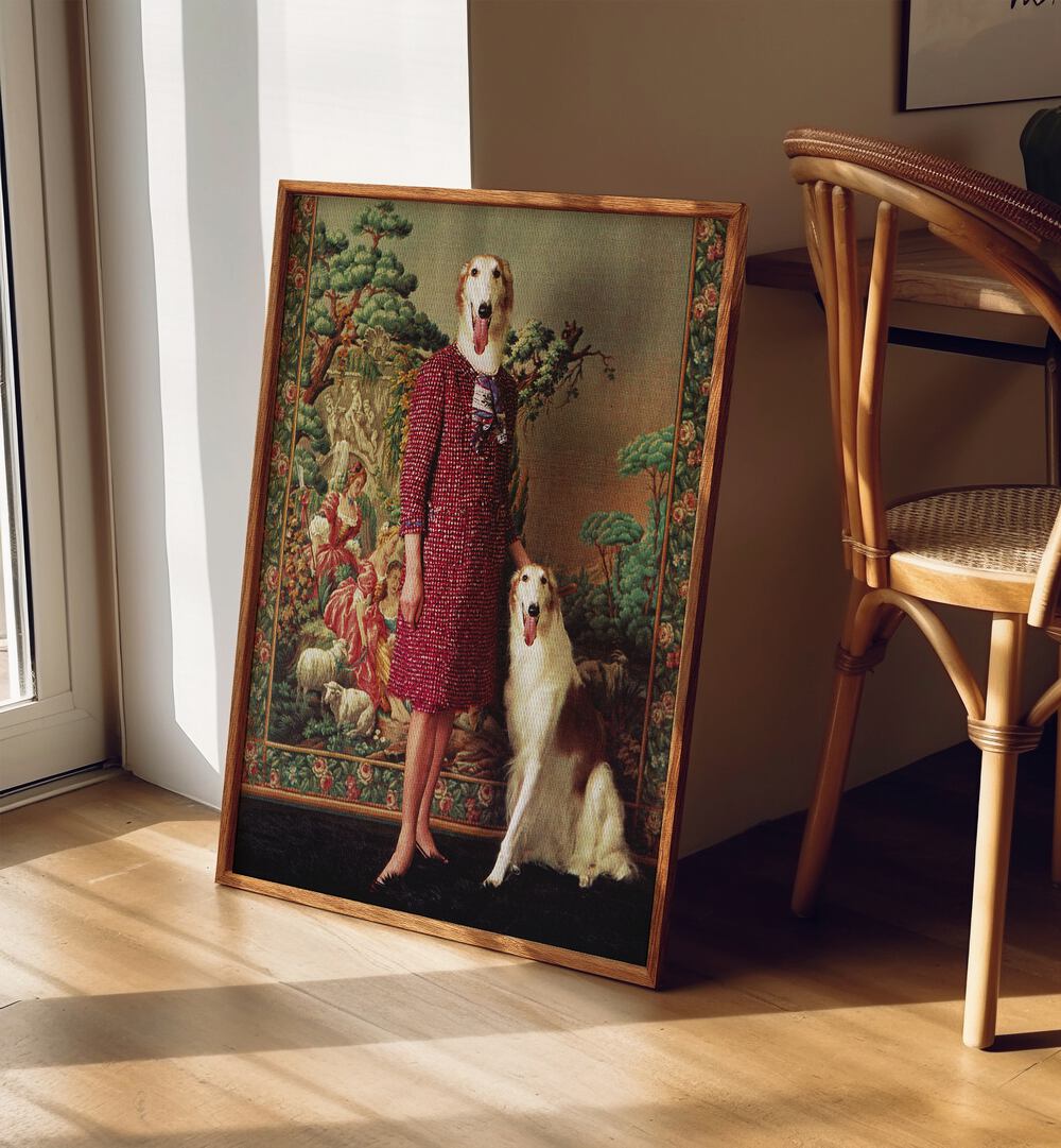 Portrait - Saluki Surreal Art Painting Artwork in plain oakwood frame beside a door