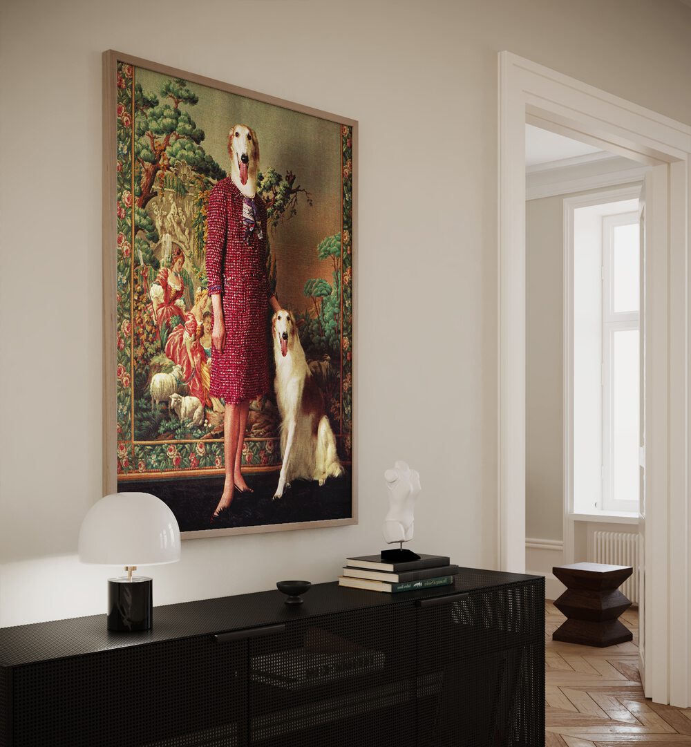 Portrait - Saluki Surreal Art Painting Artwork in plain oakwood frame above a black console table on a white all