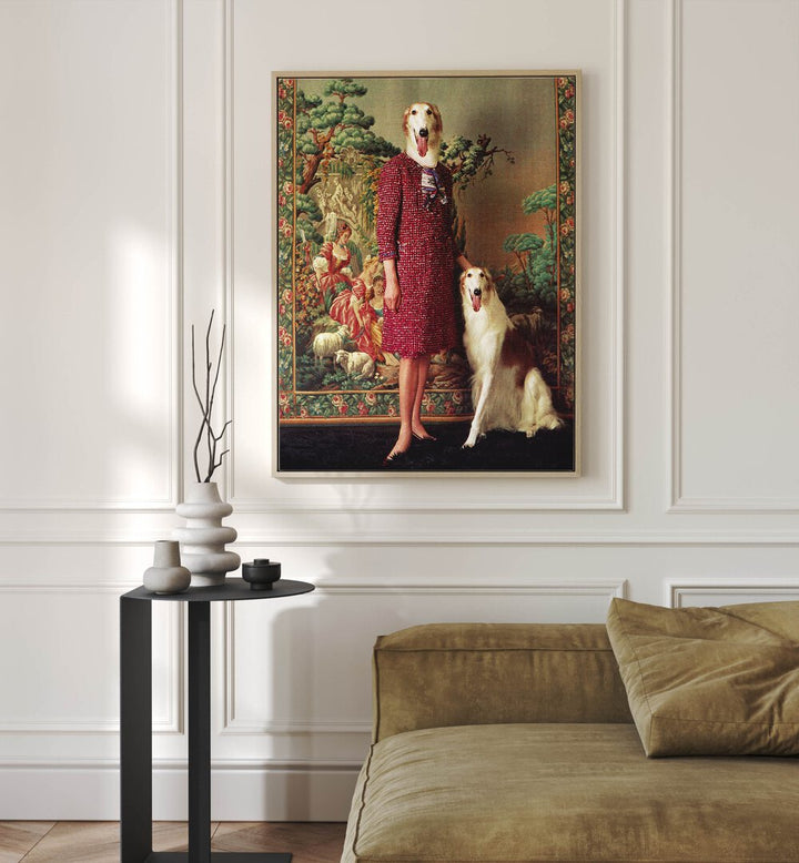 Portrait - Saluki Surreal Art Painting Artwork in plain oakwood frame behind a sofa on a white wall