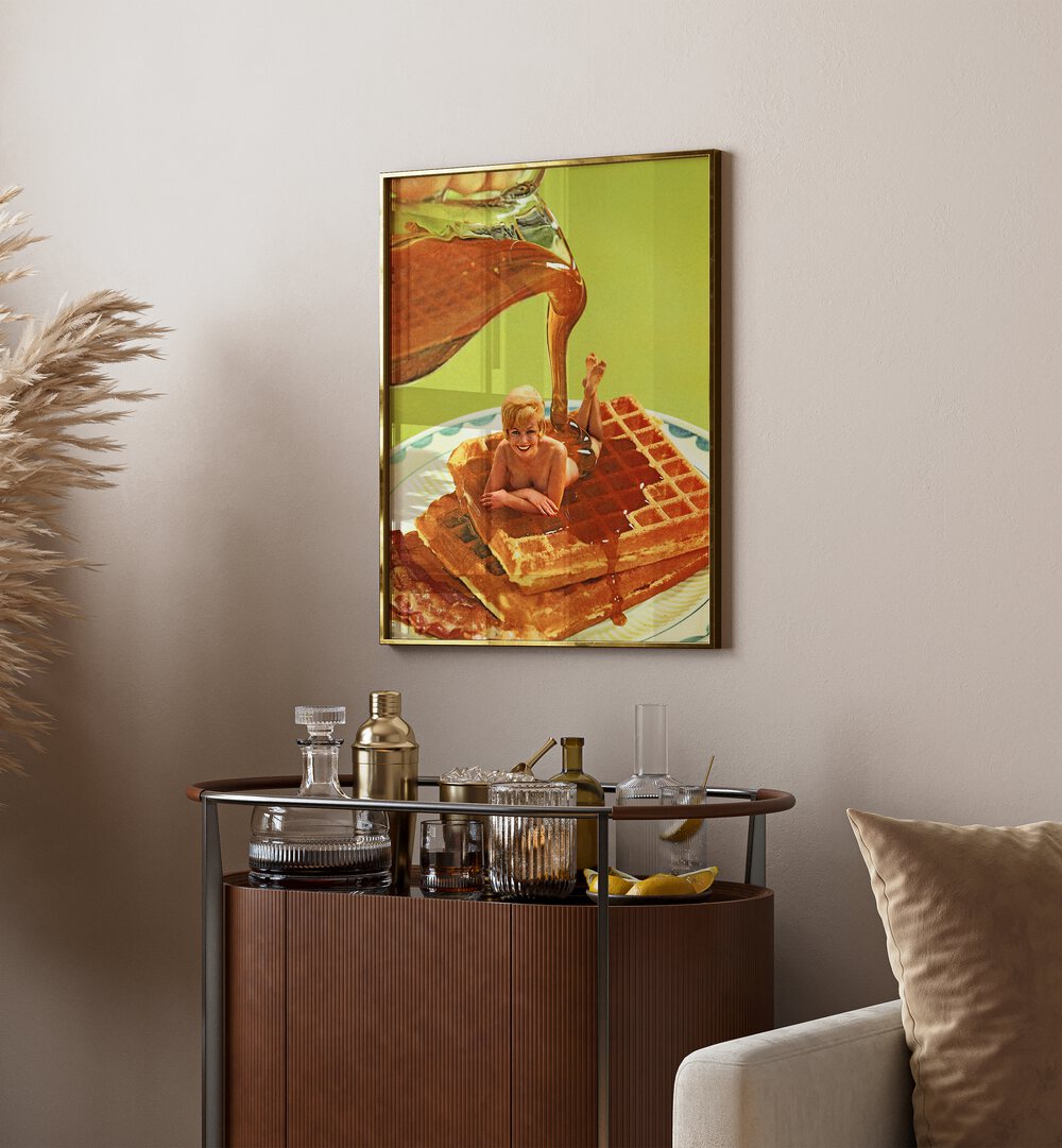 Pour Some Syrup On Me Surreal Art Painting Artwork plain golden frame above a table beside a sofa