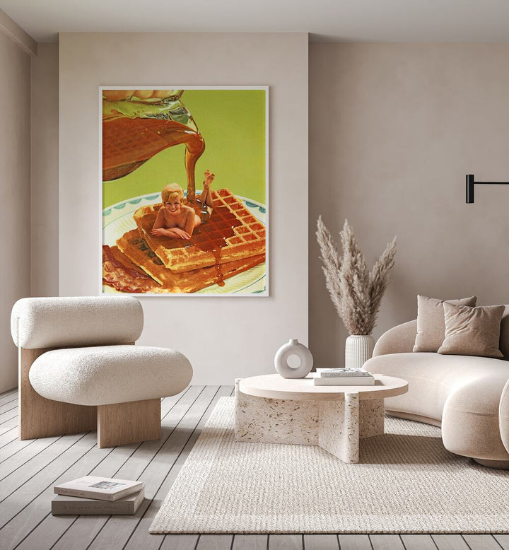 Pour Some Syrup On Me Surreal Art Painting Artwork in plain white frame behind a sofa for living room