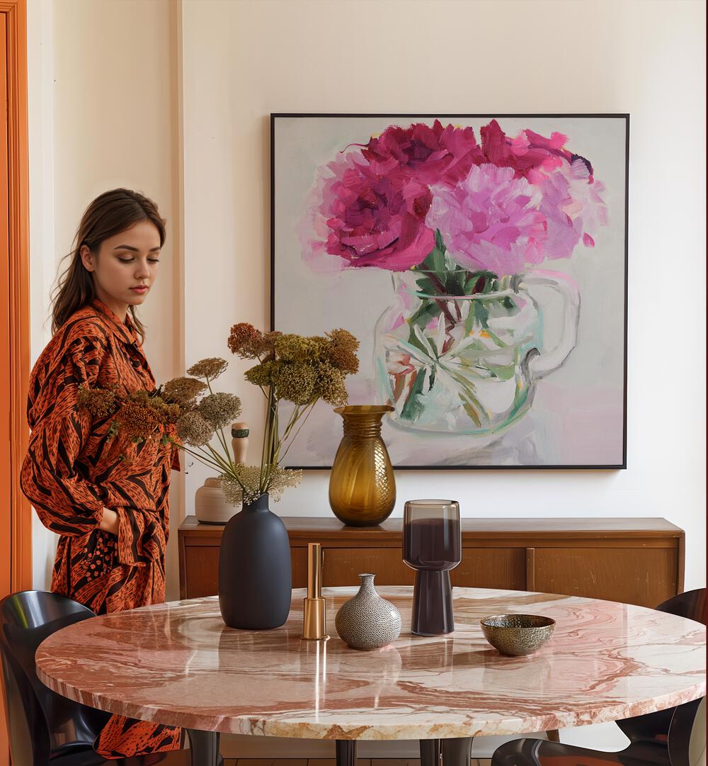 Enchanting PRETTY IN PINK, FLORAL FLOWER PAINTINGS brightening a stylish home decor space with vibrant blossoms.