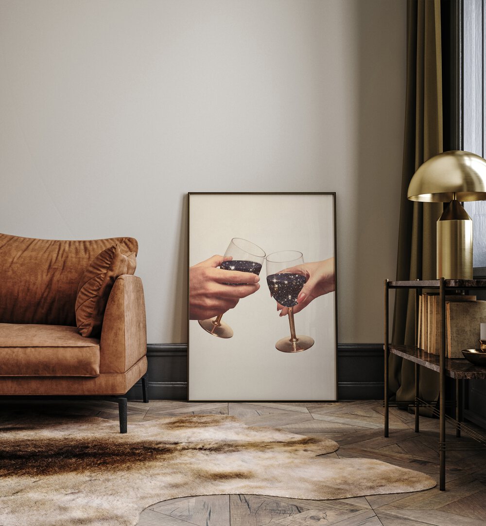 Primordial Wine Surreal Art Painting Artwork in plain black frame beside a brown sofa