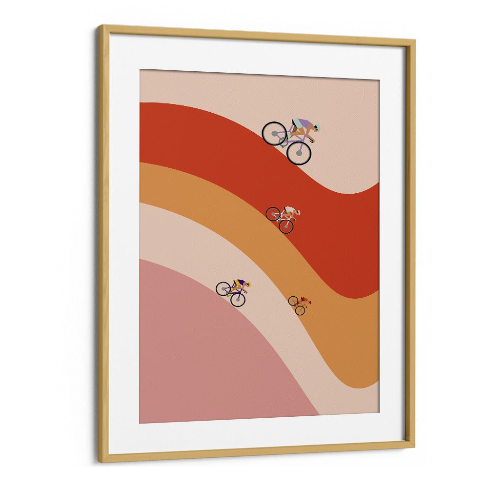 Professional cycling orange Sports Art Artwork in Oak Wood Frame With Mount