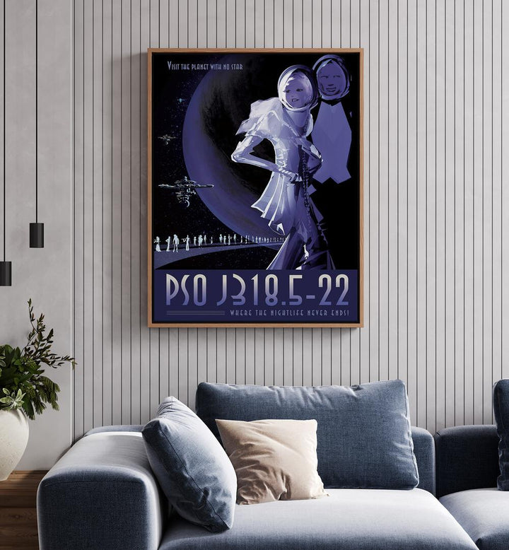 PSO J318.5-22 Astronaut & Nasa Paintings, Space Art Prints Artwork in Oak Wood Floater Frame placed on a White Colored Wall near a Blue Sofa in the Living Room


