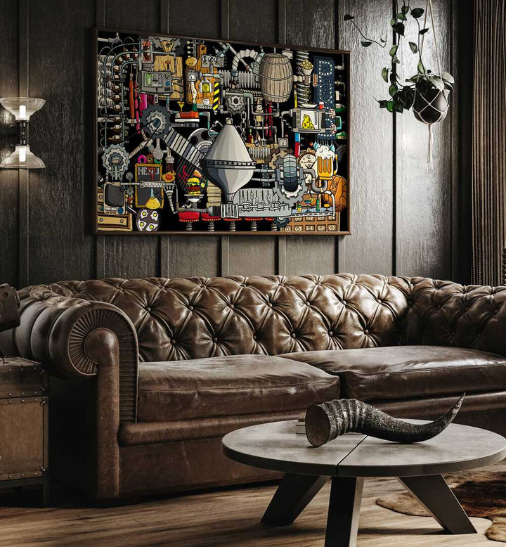 Pub Factory Comic Art Artwork in Dark Wood Plain Frame on a Dark Wooden Textured Wall behind a Dark Brown Leather Couch in The Living Room