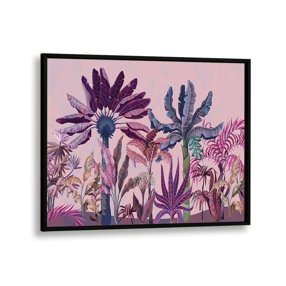 Purple Jungle Botanical Art Print Artwork in Black Plain Frame