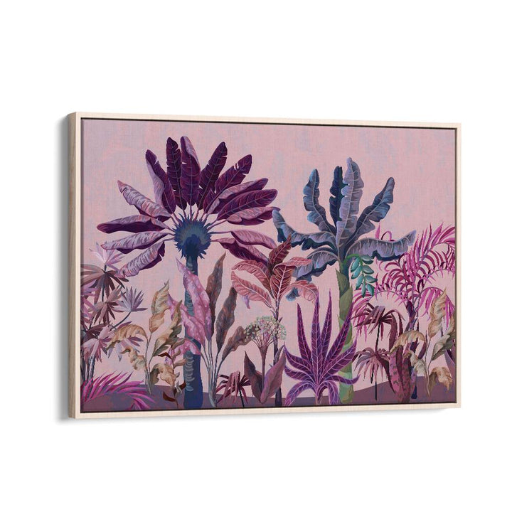 Purple Jungle Botanical Art Print Artwork in Oak Wood Floater Frame