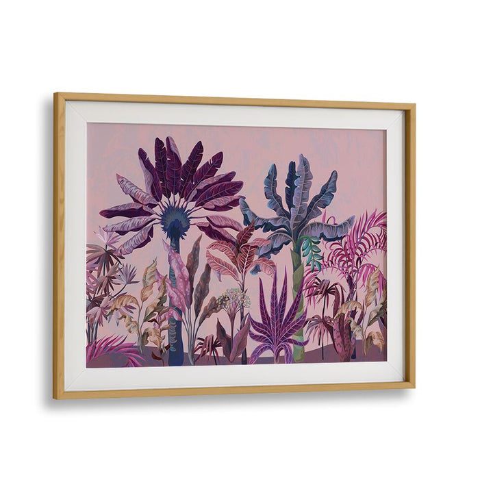 Purple Jungle Botanical Art Print Artwork in Oak Wood Frame With Mount