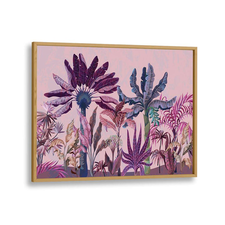 Purple Jungle Botanical Art Print Artwork in Oak Wood Plain Frame