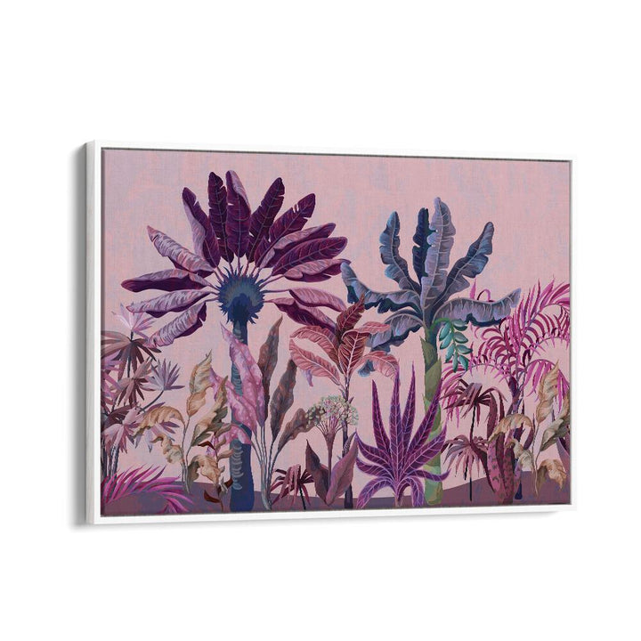 Purple Jungle Botanical Art Print Artwork in White Floater Frame