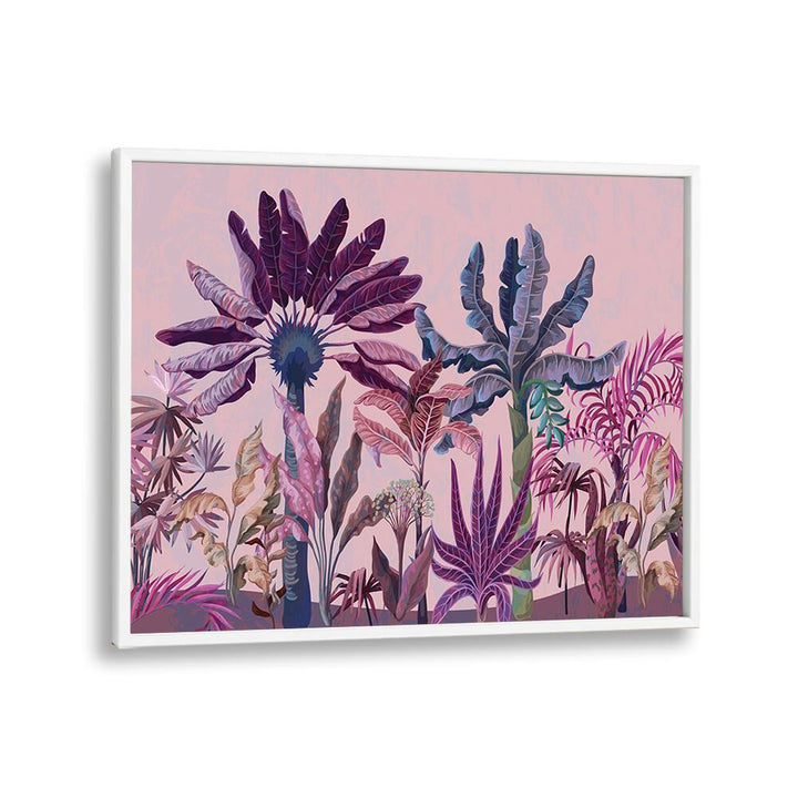 Purple Jungle Botanical Art Print Artwork in White Plain Frame