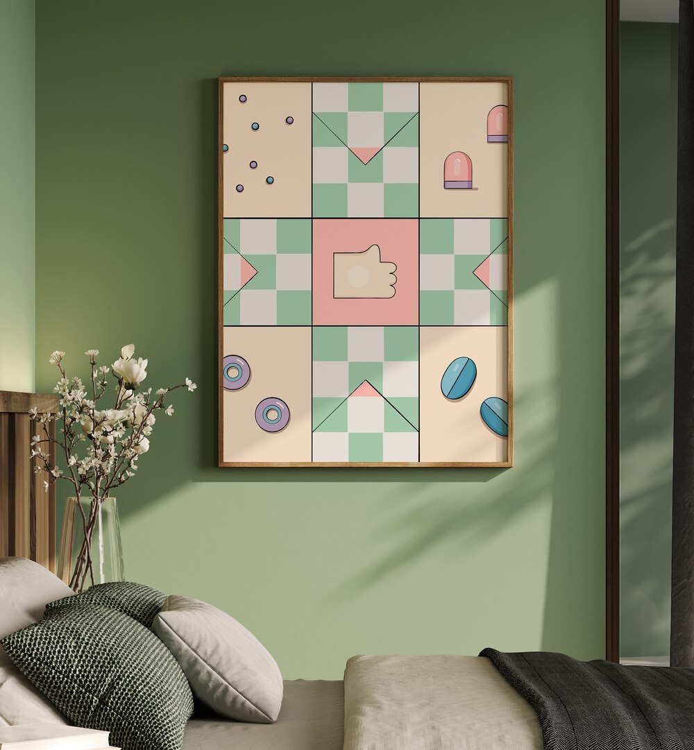 Pachisi By Samridhi Sharma Gaming Posters in Oak Wood Plain Frame placed on a Green Colored Wall near a Bed in the Bedroom