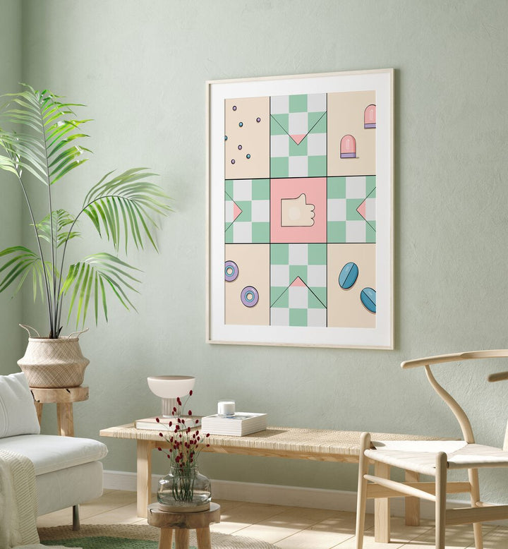 Pachisi By Samridhi Sharma Gaming Posters in Oak Wood Frame With Mount placed above a Shelf in the Drawing Room