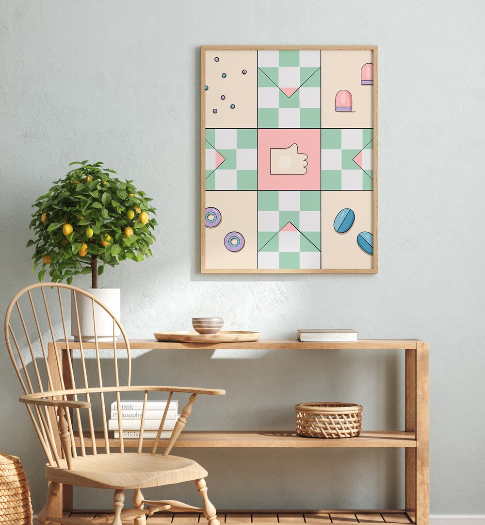 Pachisi By Samridhi Sharma Gaming Posters in Oak Wood Plain Frame placed above a Shelf in the Drawing Room