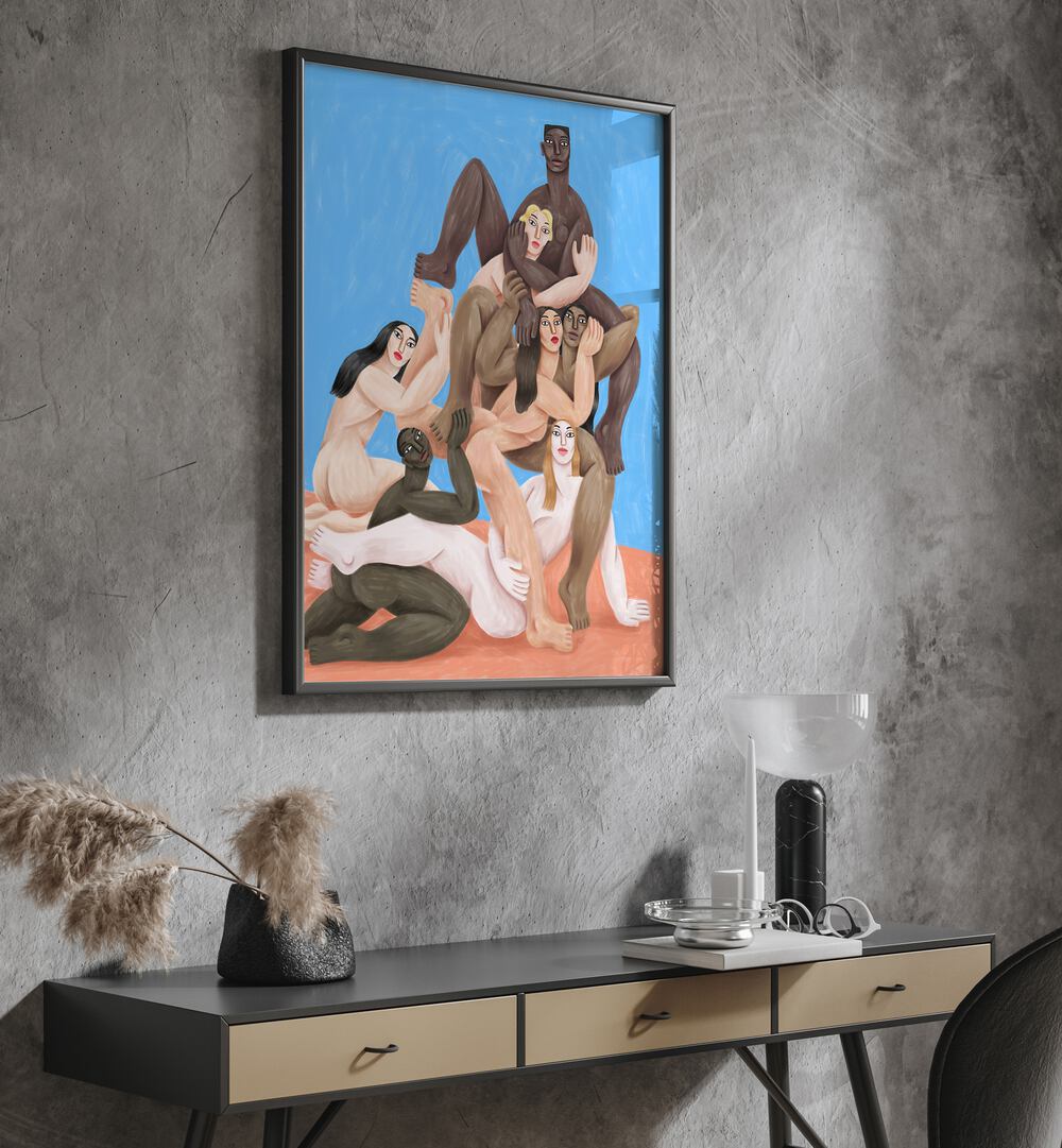 Pagan Heaven By Cepe Wallart Prints in Black Plain Frame on a grey wall placed above a table