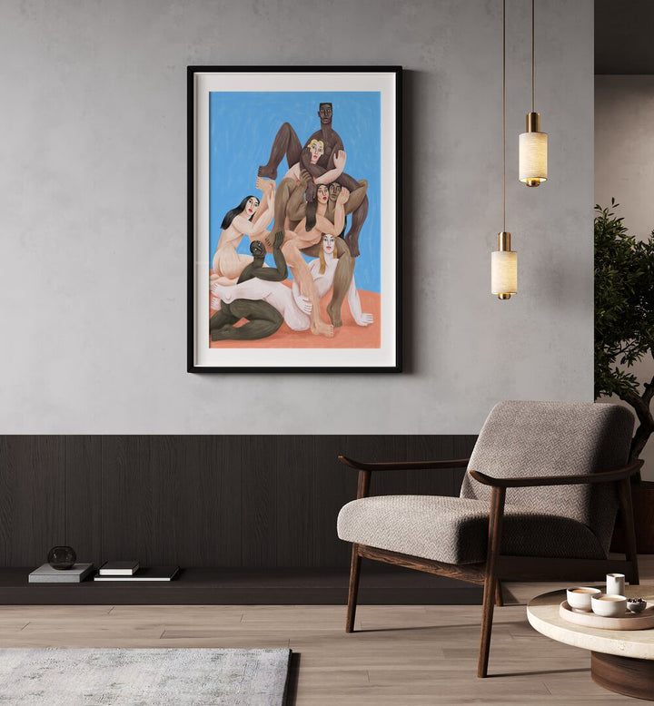 Pagan Heaven By Cepe Wallart Prints in Black Frame With Mount on a wall placed beside a sofa