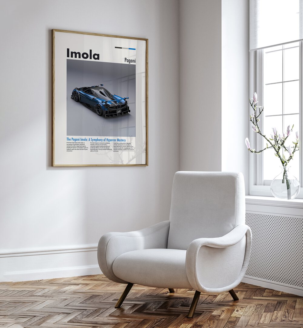 Pagani Imola Car Posters Automotive Wall Art Prints in Oak Wood Plain Frame placed on a White Colored Wall near a White Sofa Chair in the Drawing Room