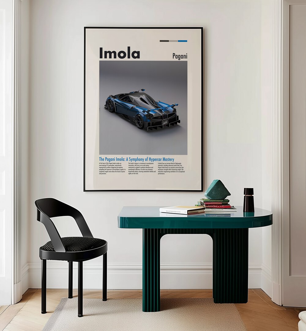 Pagani Imola Car Posters Automotive Wall Art Prints in Black Plain Frame placed on a Cream Colored Wall near a Study Table in a Workspace in the Drawing Room