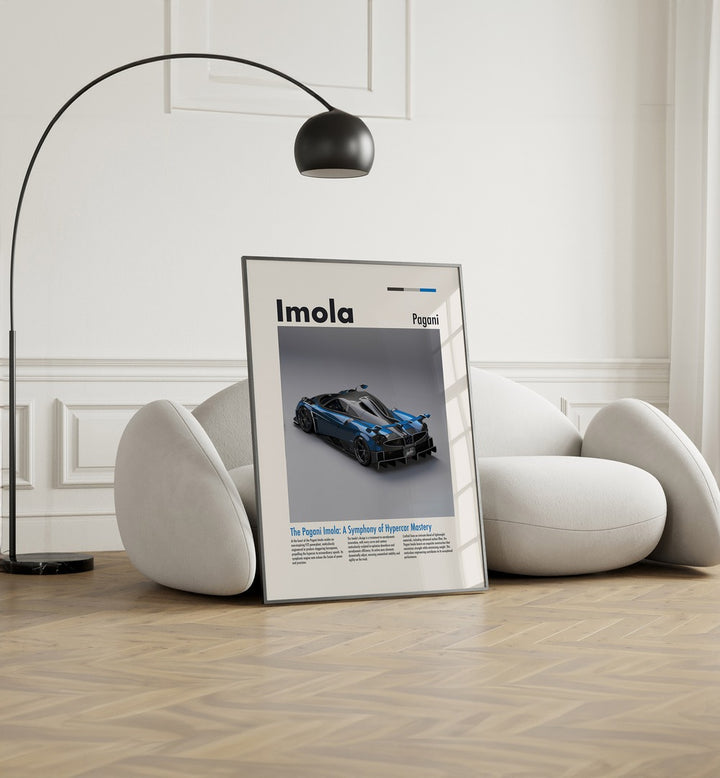 Pagani Imola Car Posters Automotive Wall Art Prints in Black Plain Frame placed on the floor near a White Sofa in the Living Room