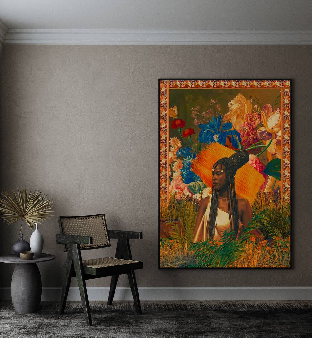 Paint Stroke Queen By Cosmo Zach Surreal Art Prints Surrealism in Black Plain Frame placed on a wall beside a chair