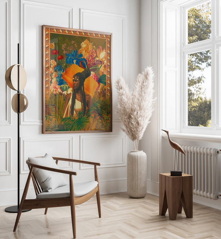 Paint Stroke Queen By Cosmo Zach Surreal Art Prints Surrealism in Oak Wood Plain Frame placed on a wall beside a window and a chair