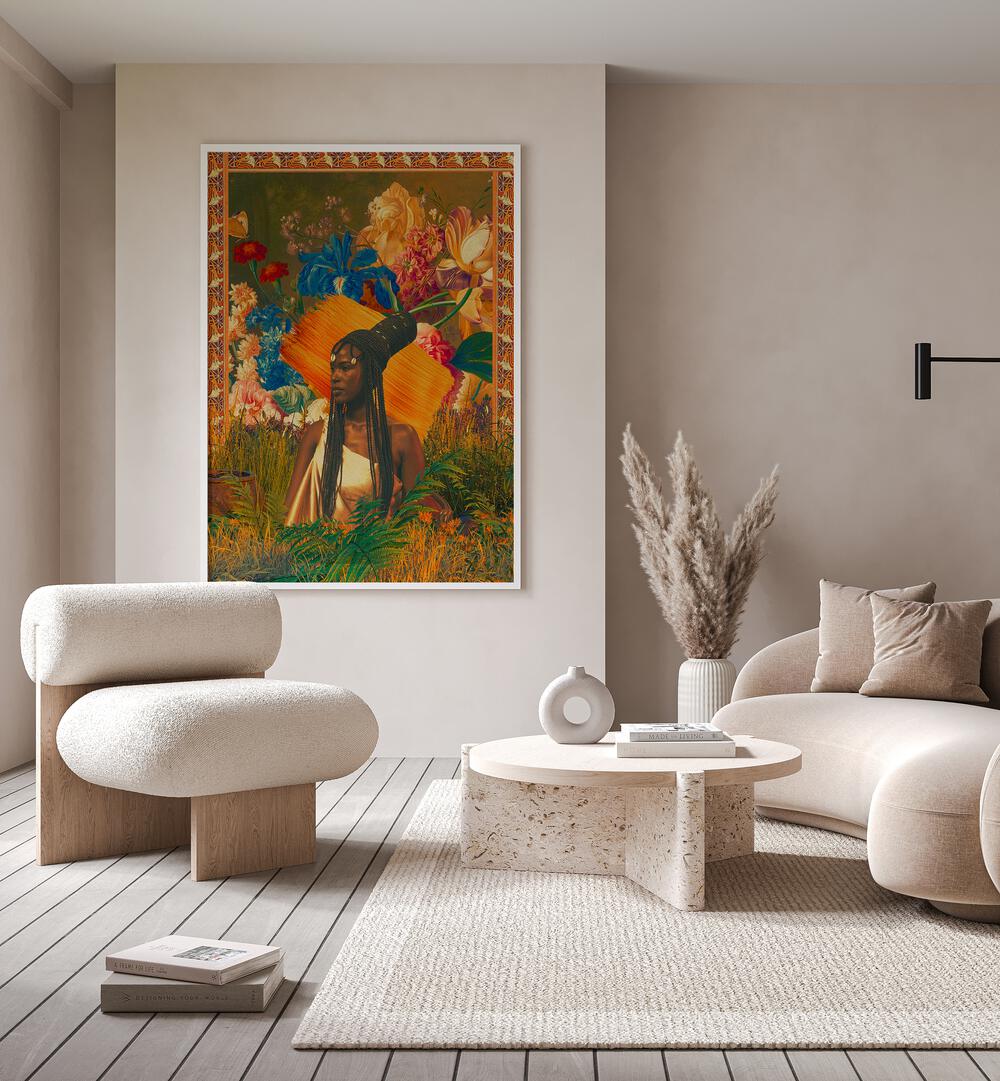 Paint Stroke Queen By Cosmo Zach Surreal Art Prints Surrealism in White Plain Frame placed on a wall behind a sofa