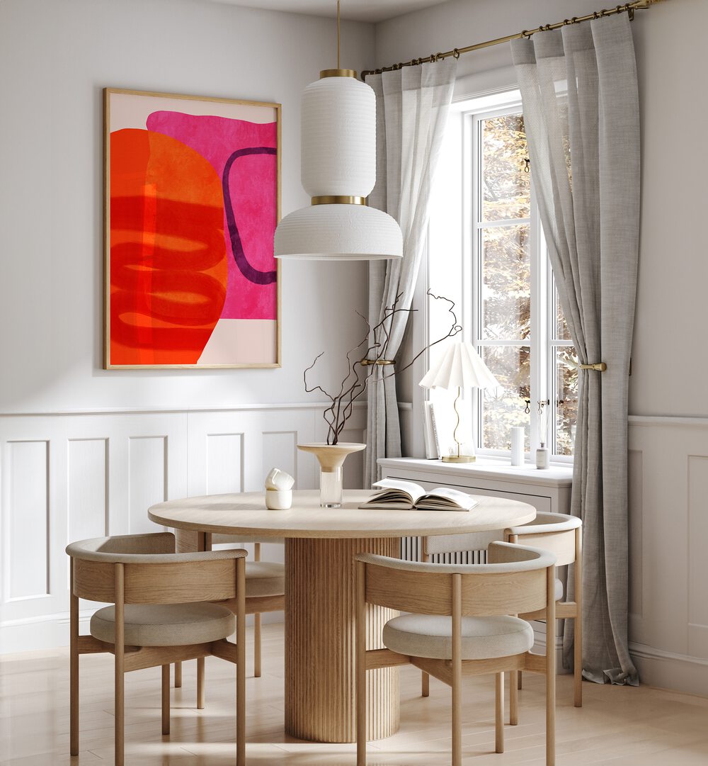 Painted Lines IV By Ana Rut Bre Abstract Art Abstract Paintings in Oak Wood Plain Frame placed on a White Colored Wall near a Dining Table in the Dining Room 